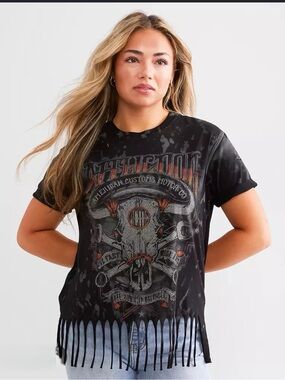 Affliction Black Graphic Fringe Short Sleeve Tee